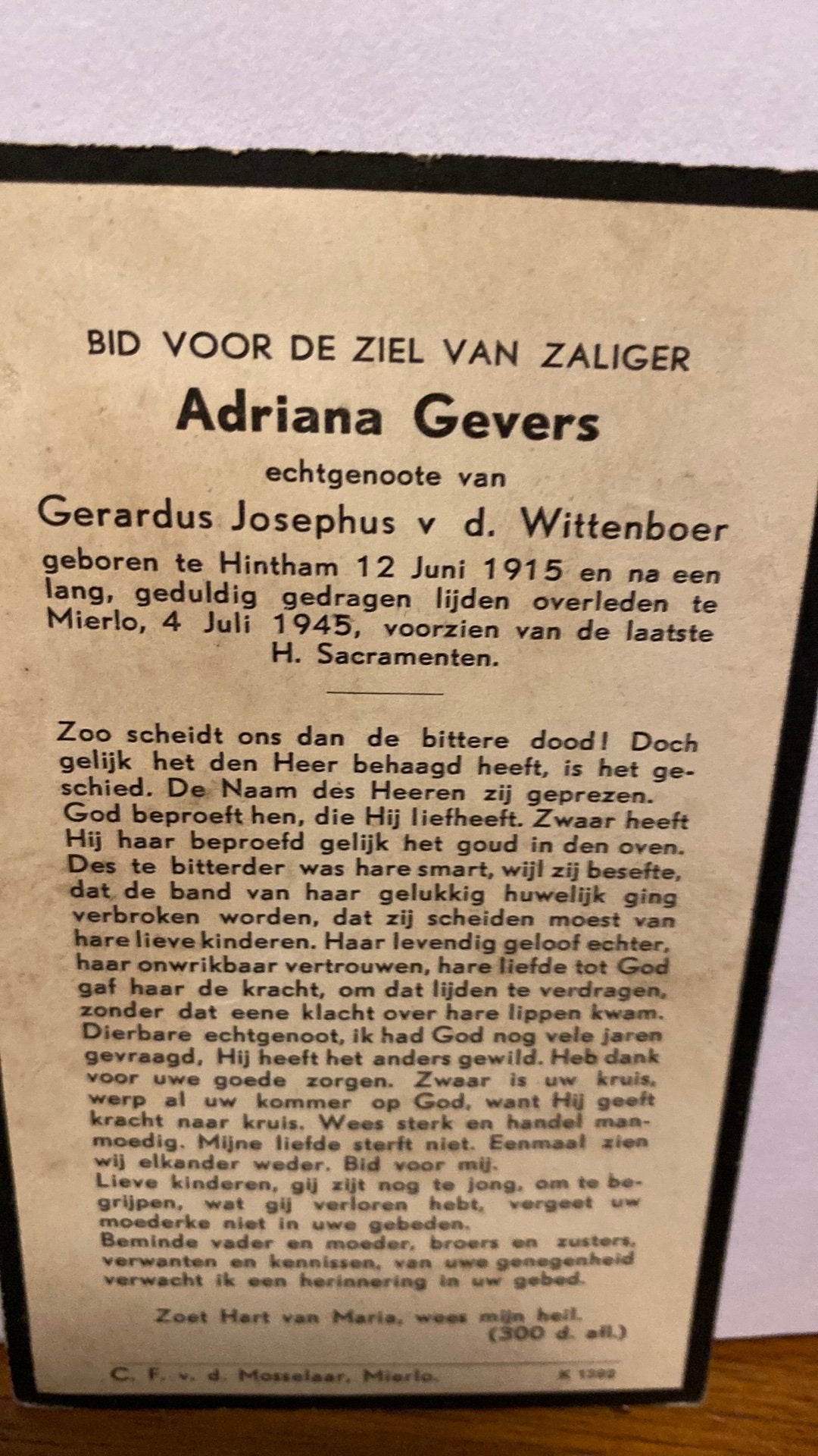 vd Wittenboer - Gevers 1915 Hintham 1945 Mierlo, Ophalen of Verzenden