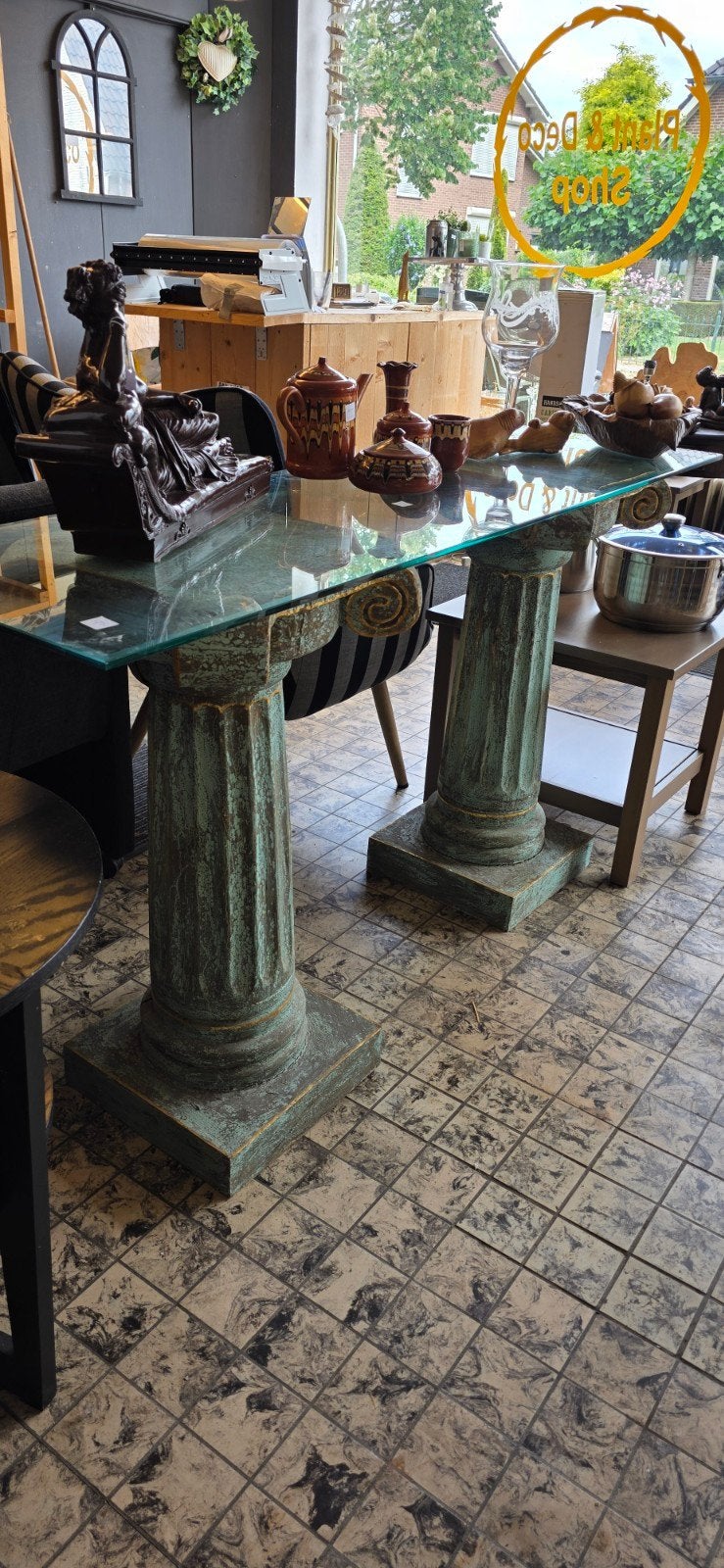 Glazen tafel met zuilpoten - Klassiek design, Antiek en Kunst, Ophalen