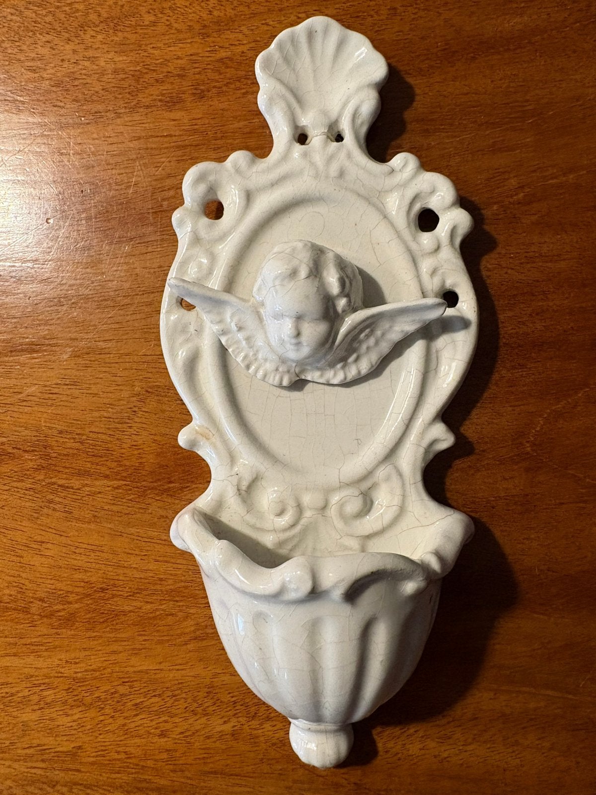Antieke keramieken wijwaterbak met engel en craquelé, Antiek en Kunst, Ophalen of Verzenden