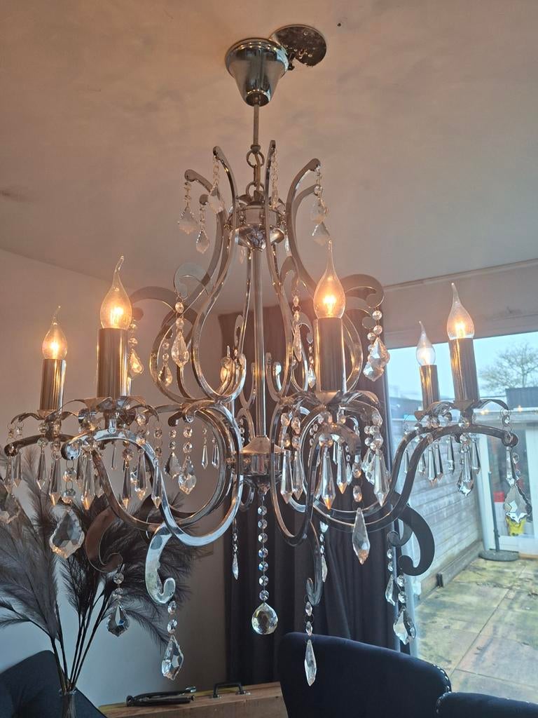 Chromen kroonluchter, Huis en Inrichting, Lampen | Kroonluchters, Ophalen, Glas