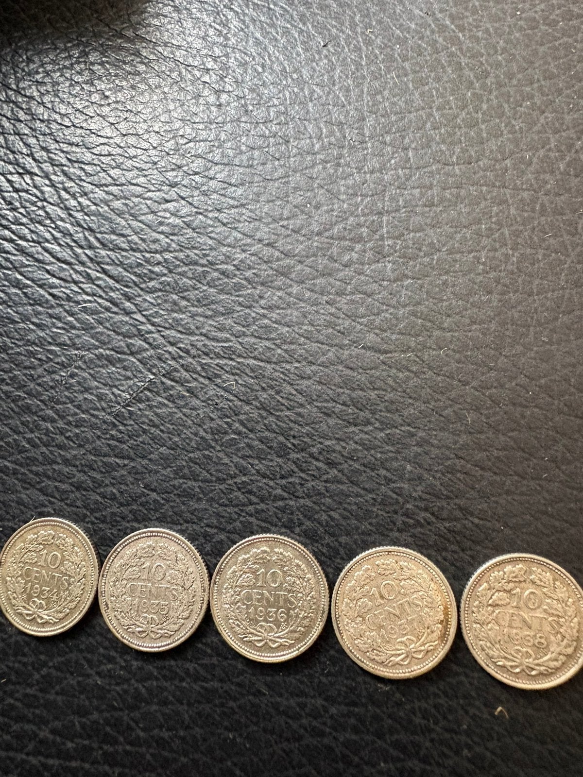 5 Zilveren Wilhelmina dubbeltjes 1934,1935,1936,1937,1938, Ophalen of Verzenden, Koningin Wilhelmina, 10 cent