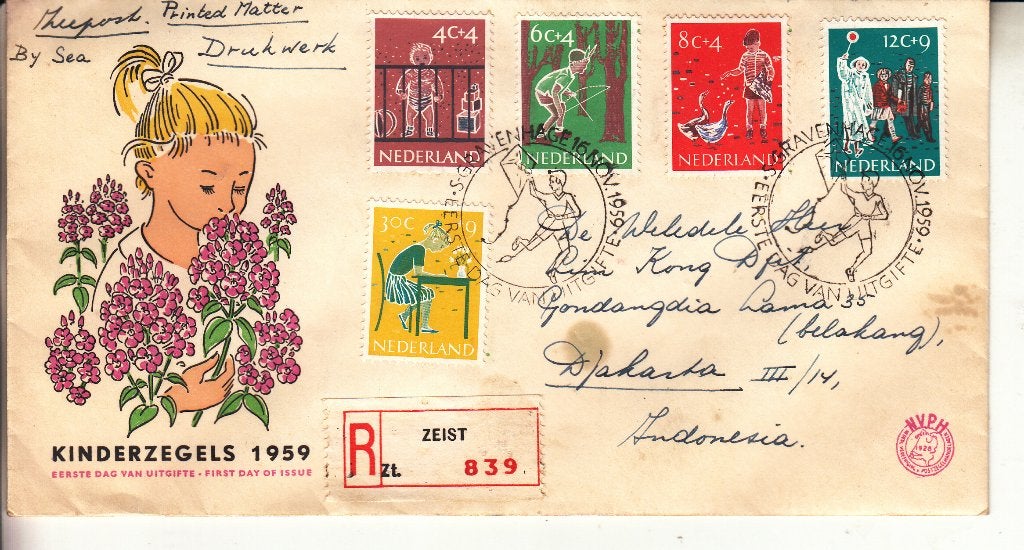 FDC nr 41, kinderpostzegels 1959, Indonesie, aangetekend, Postzegels en Munten, Postzegels | Eerstedagenveloppen, Ophalen of Verzenden