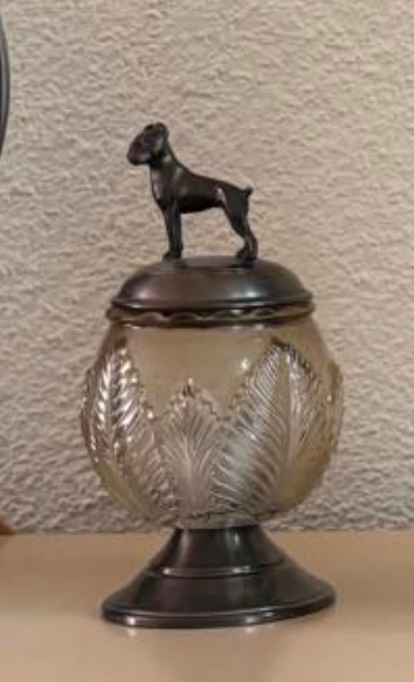 Decoratief potje met hondje – tin & glas – vintage, Antiek en Kunst, Ophalen of Verzenden