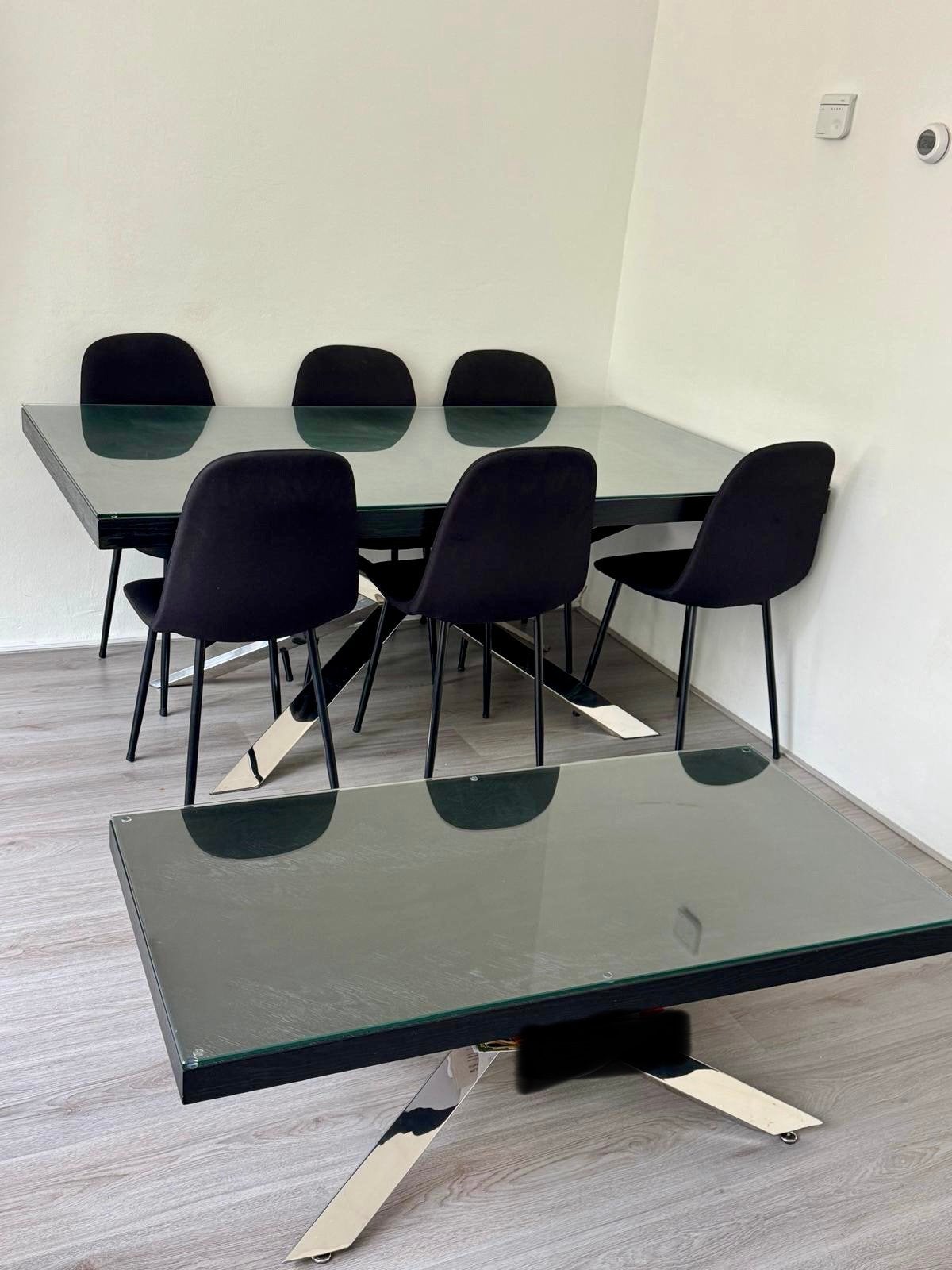 Moderne eettafel en salontafel met glazen blad, Ophalen, Gebruikt, 50 tot 100 cm, Glas