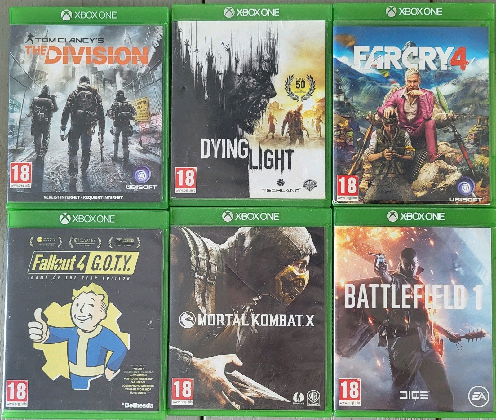 6 Xbox One Games: o.a. MK X, Dying light & Fallout 4, Spelcomputers en Games, Online, Gebruikt, Vanaf 18 jaar, 1 speler
