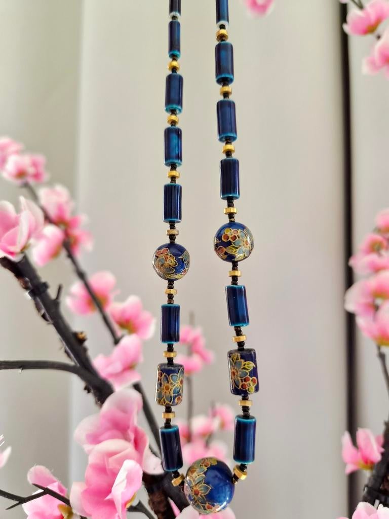 Vintage Keramieken Ketting met Cloisonné en Gouden Kraaltjes, Ophalen of Verzenden, Gebruikt, Blauw, Overige materialen