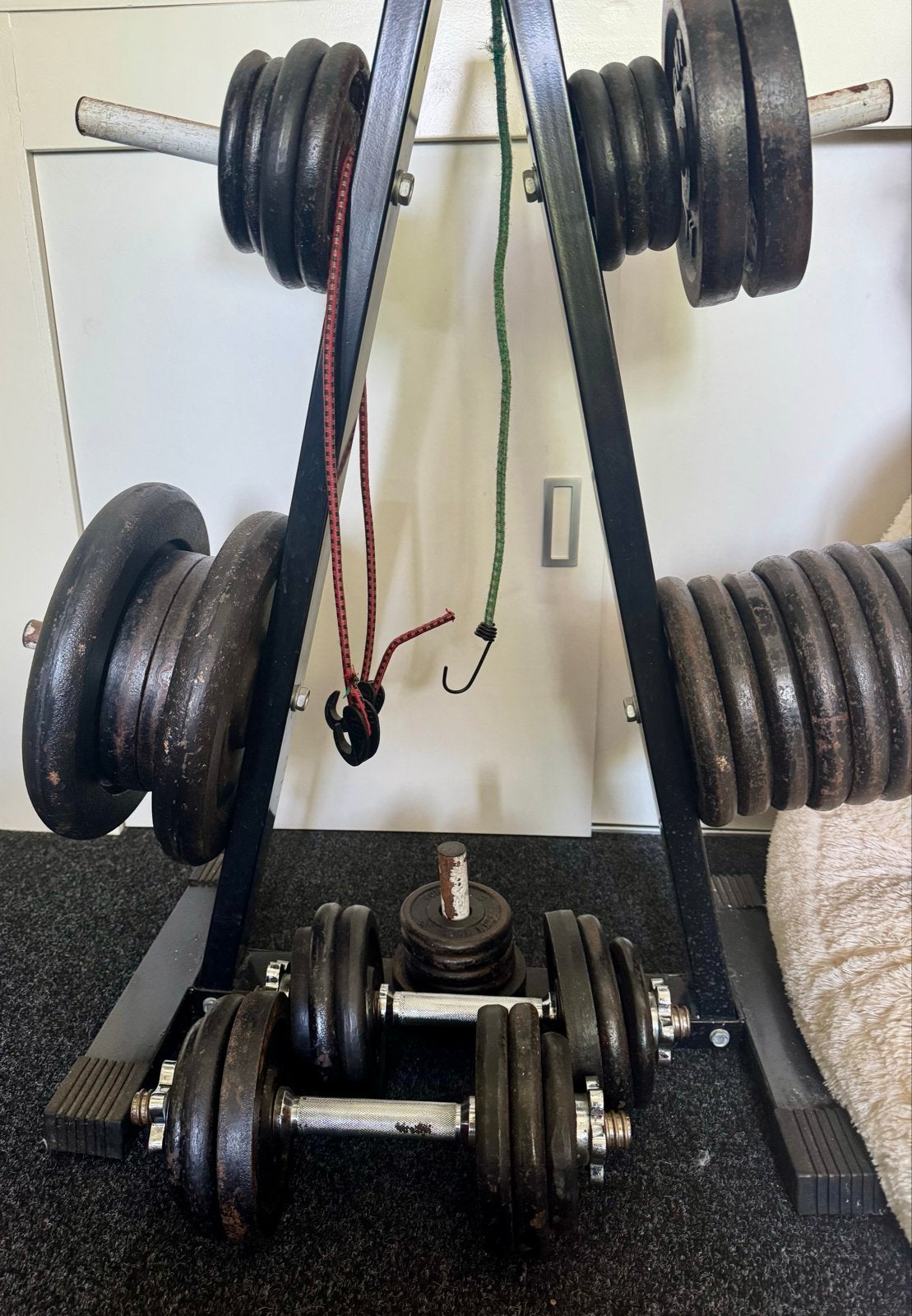 Complete fitness set: halterbank, halters en gewichten, Ophalen, Gebruikt, Armen, Fitnessbank
