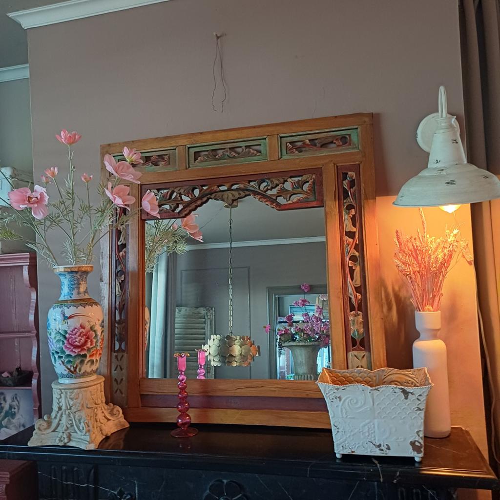 Prachtig teak Ibiza Balinese spiegel met bewerkt houten rand, Ophalen, Rechthoekig
