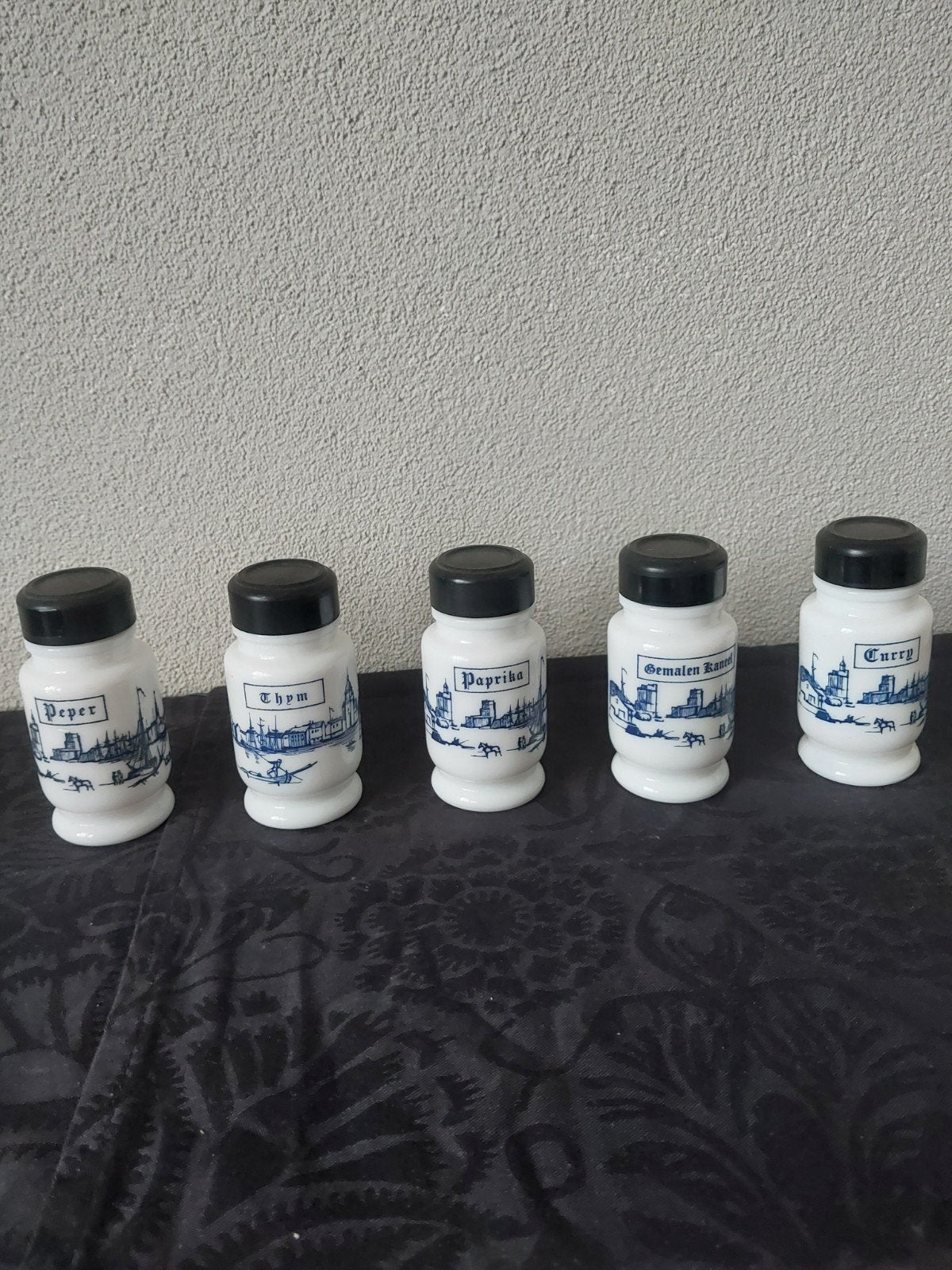 Set van 5 opaline kruidenpotjes met Delfts Blauw motief, Ophalen of Verzenden