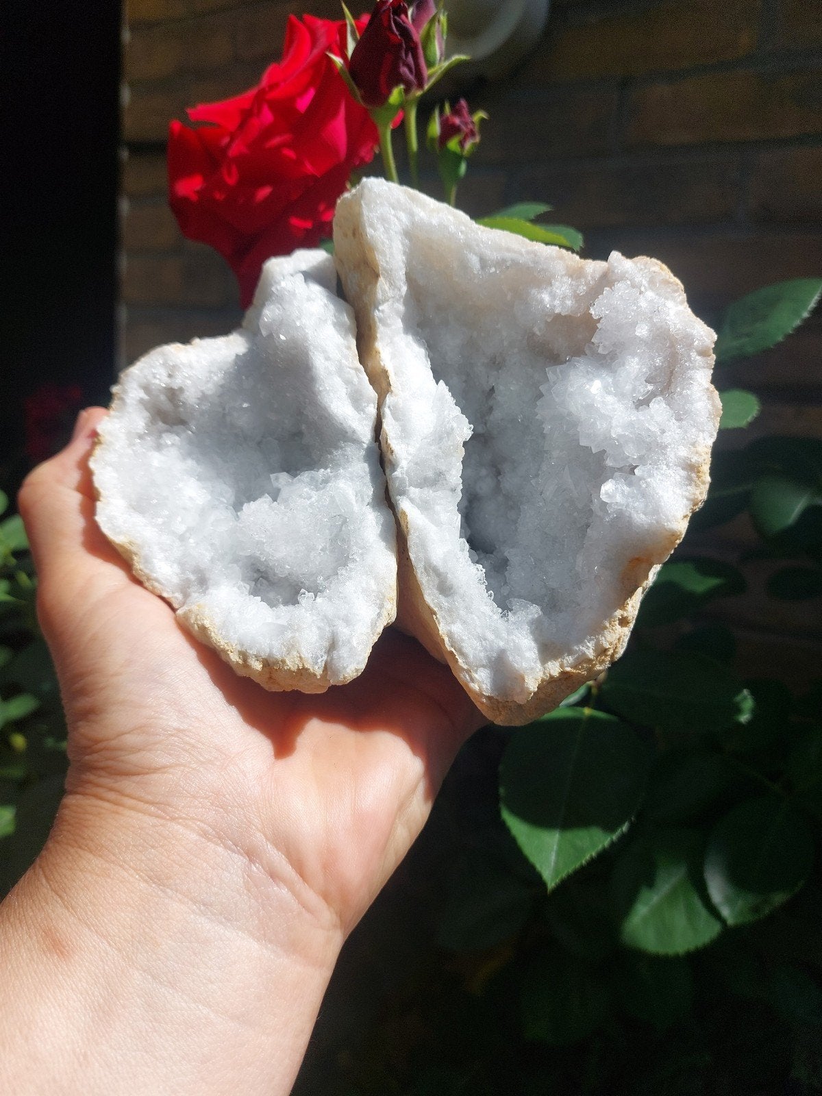 Kwarts Geode Paartje uit Marokko - Witte Suikerkristallen, Verzamelen, Mineralen en Fossielen, Ophalen of Verzenden