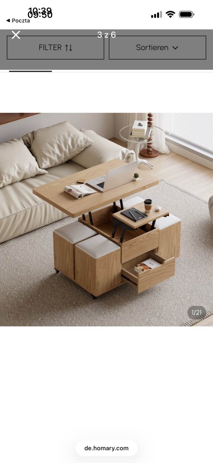 Salontafel naar eettafel met 4 poefjes, Ophalen