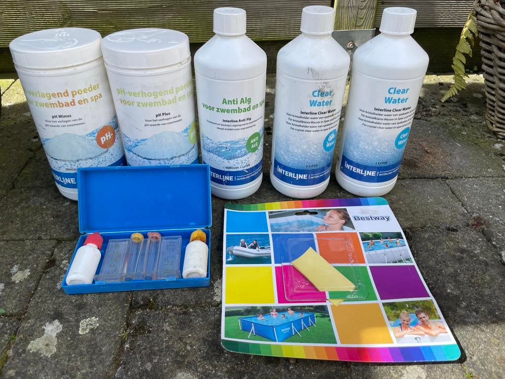 Zwembad onderhoudsset: pH, anti-alg, clear water & tester, Ophalen, Gebruikt, Reinigingsmiddel