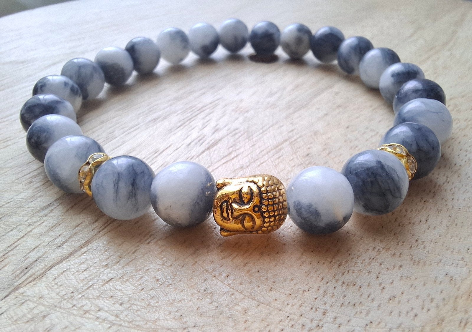 Armband 8 mm natuursteen kralen buddha grijs goud wit, -, -, Nieuw, Ophalen of Verzenden