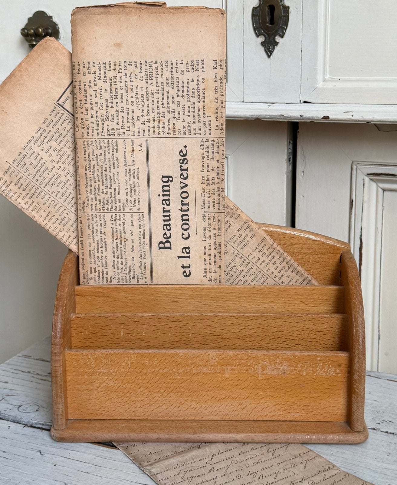 Brocante oud houten postbakje 3 vakjes, Ophalen of Verzenden