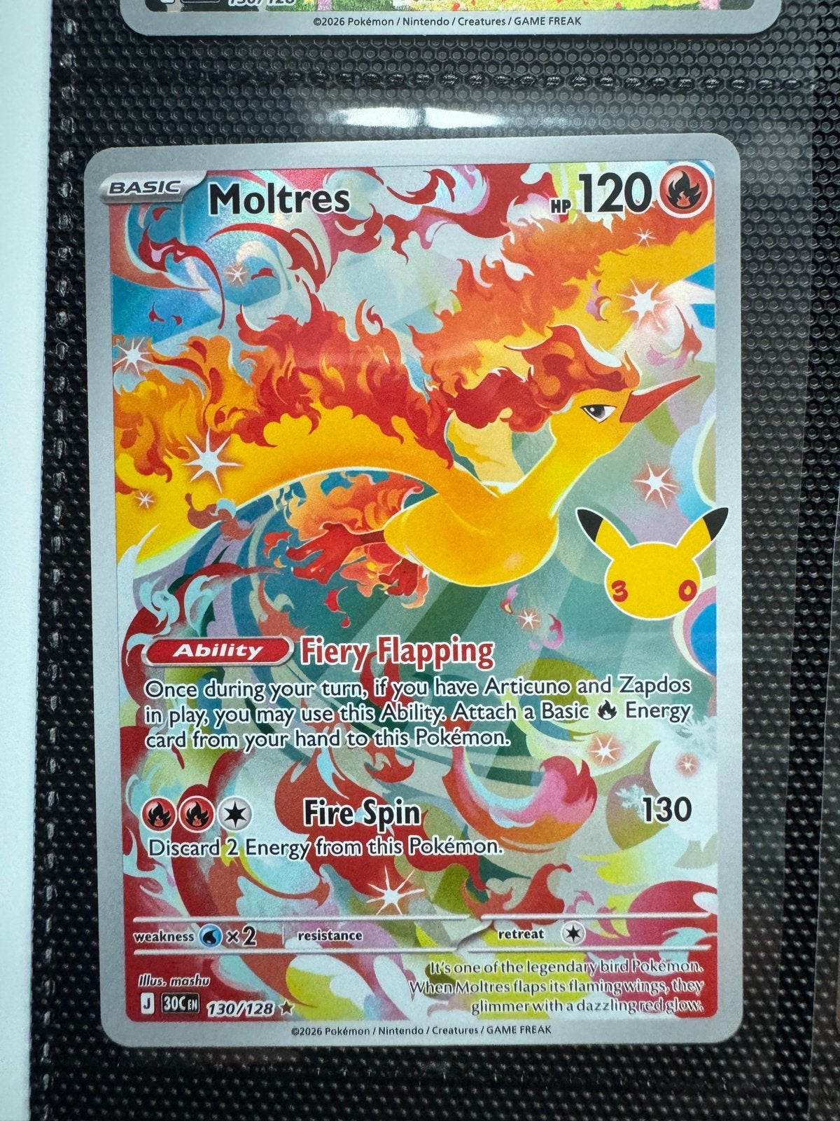 Moltres Pokémon Kaart 130/128 (Foil) - 30th Celebration, Ophalen of Verzenden, Zo goed als nieuw, Losse kaart, Foil