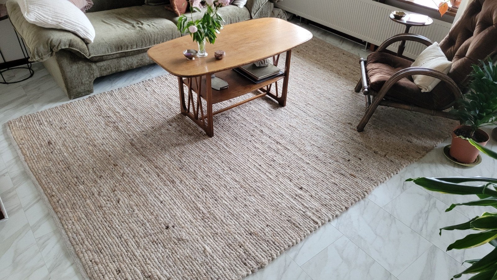 Wollen vloerkleed, handgeweven, naturelkleurig, Ophalen, Beige, Bohemian, Natuurlijk, Scandinavisch, 150 tot 200 cm