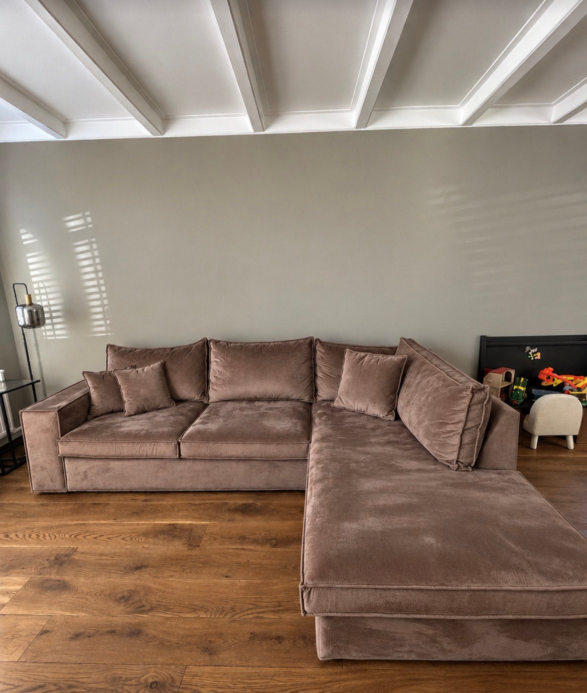 Velvet bruin taupe Hoekbank 320 x 240 cm, Ophalen, Gebruikt, Hoekbank, 300 cm of meer
