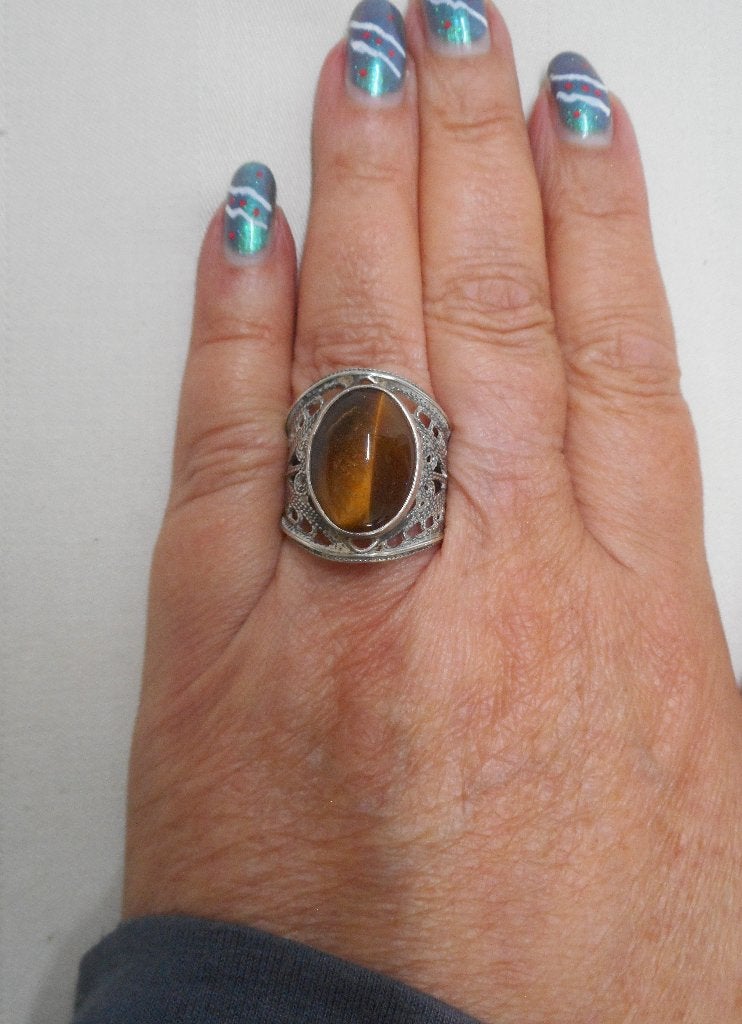Zilveren antieke verstelbare ring met tijgeroog  nr.1725, Verzenden, Zilver, Ring