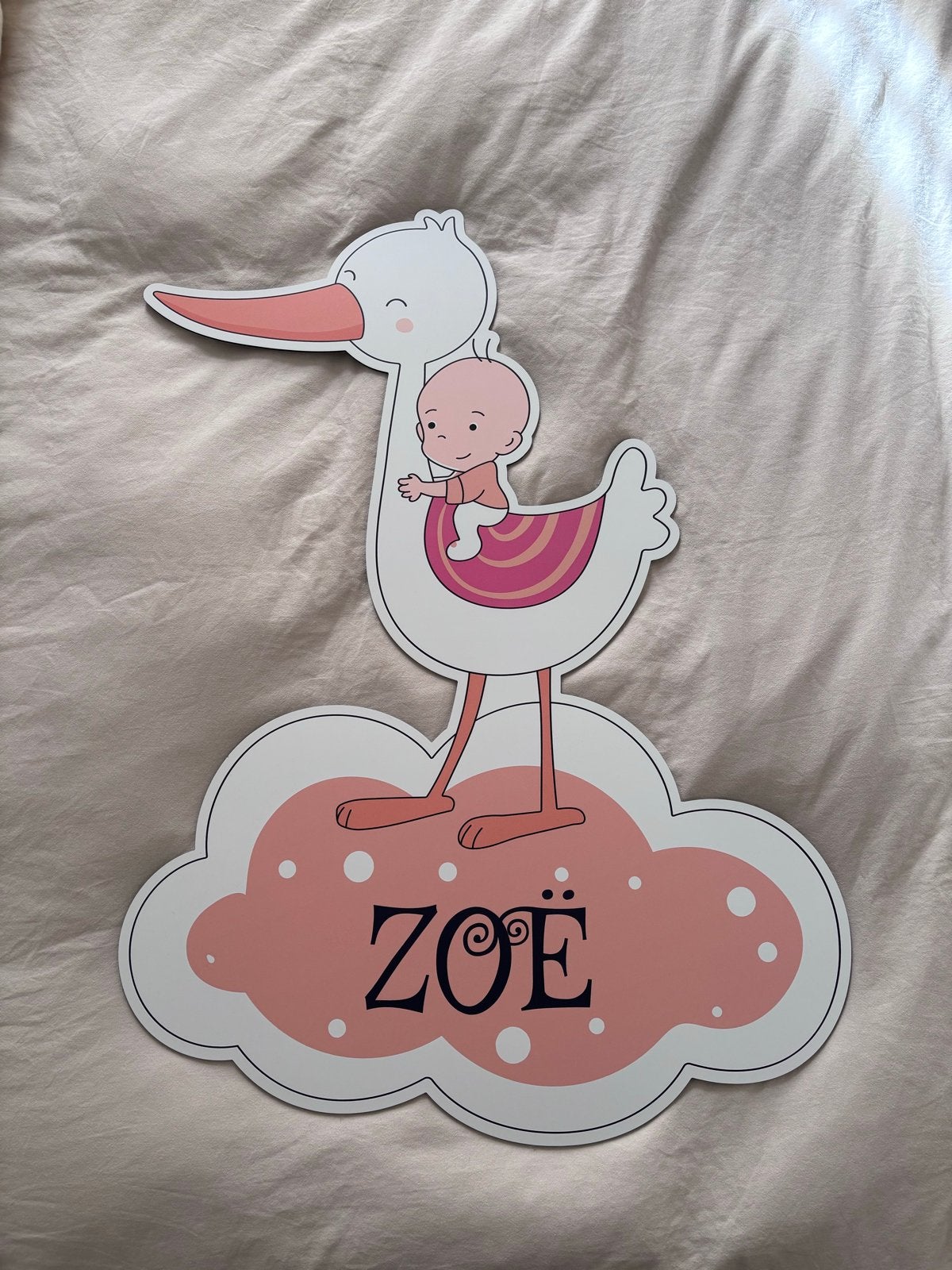 Geboortebord Zoë - Ooievaar met baby op wolk, Ophalen of Verzenden, Nieuw, Geboortebord