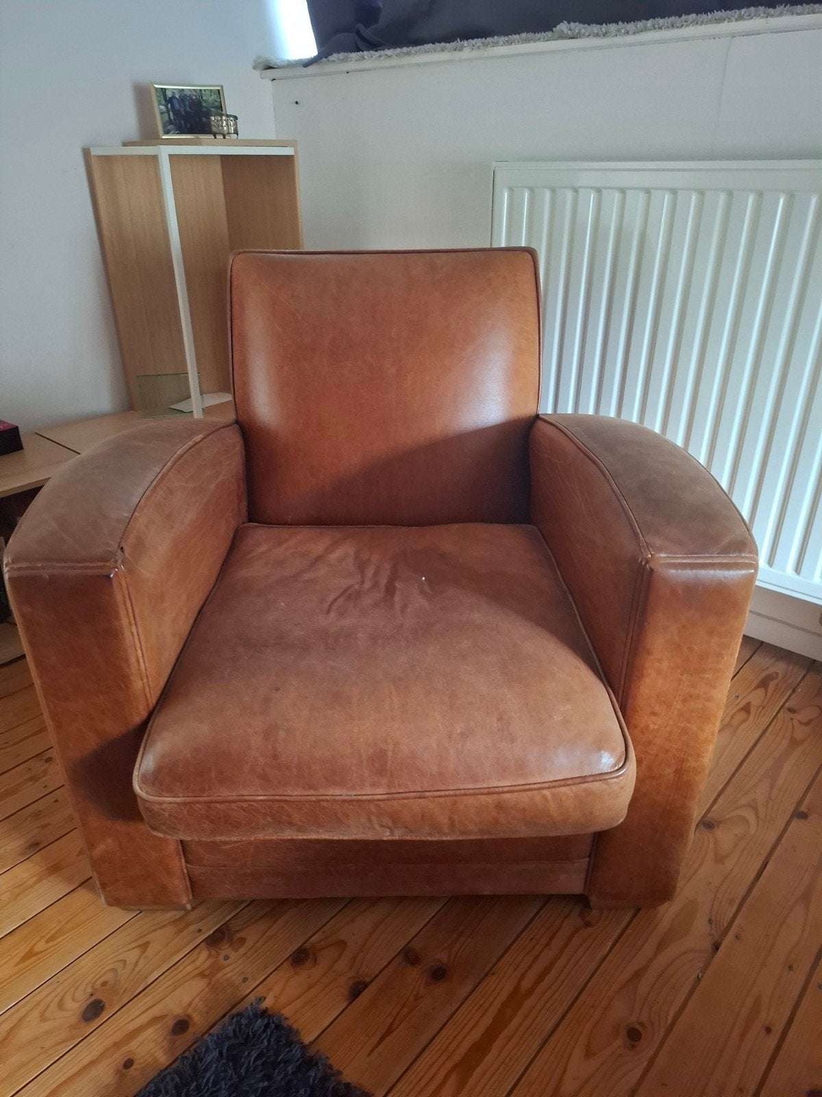 Leren vintage fauteuil - Cognac kleur, Modern, Klassiek, Gebruikt, Ophalen of Verzenden, 75 tot 100 cm