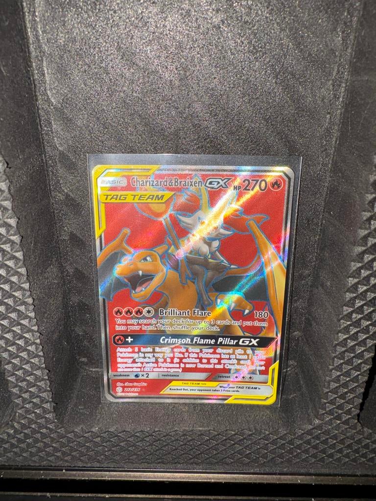 Charizard & Braixen GX Pokémon Kaart - Zeer Nette Staat, Ophalen of Verzenden, Zo goed als nieuw, Losse kaart, Foil