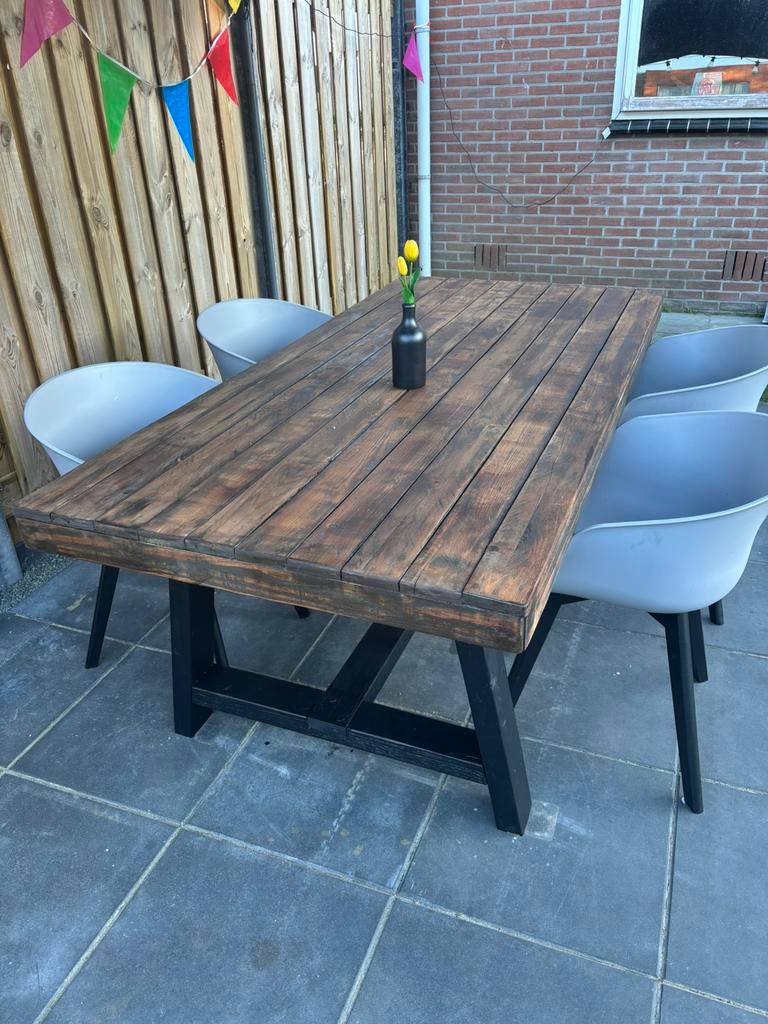 Tuinset tafel 200x100 met 4 kuipstoelen, Kunststof, Gebruikt, 6 zitplaatsen, Ophalen of Verzenden