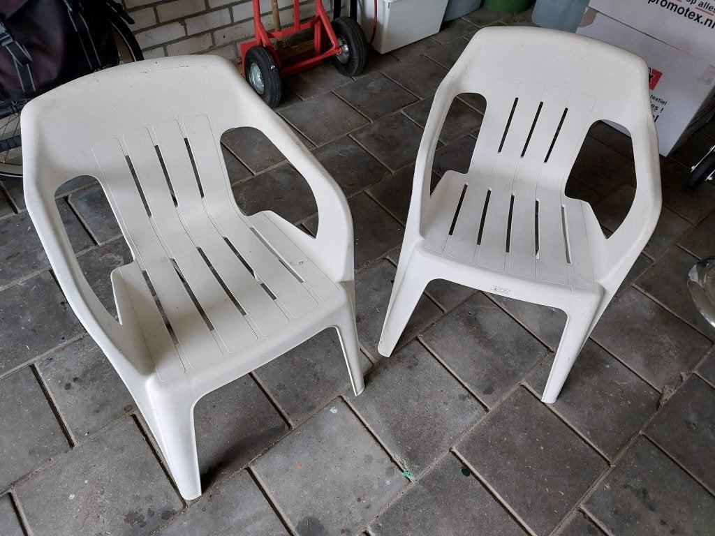 2x Jardin tuinstoel wit, Ophalen, Gebruikt, Kunststof, Stapelbaar