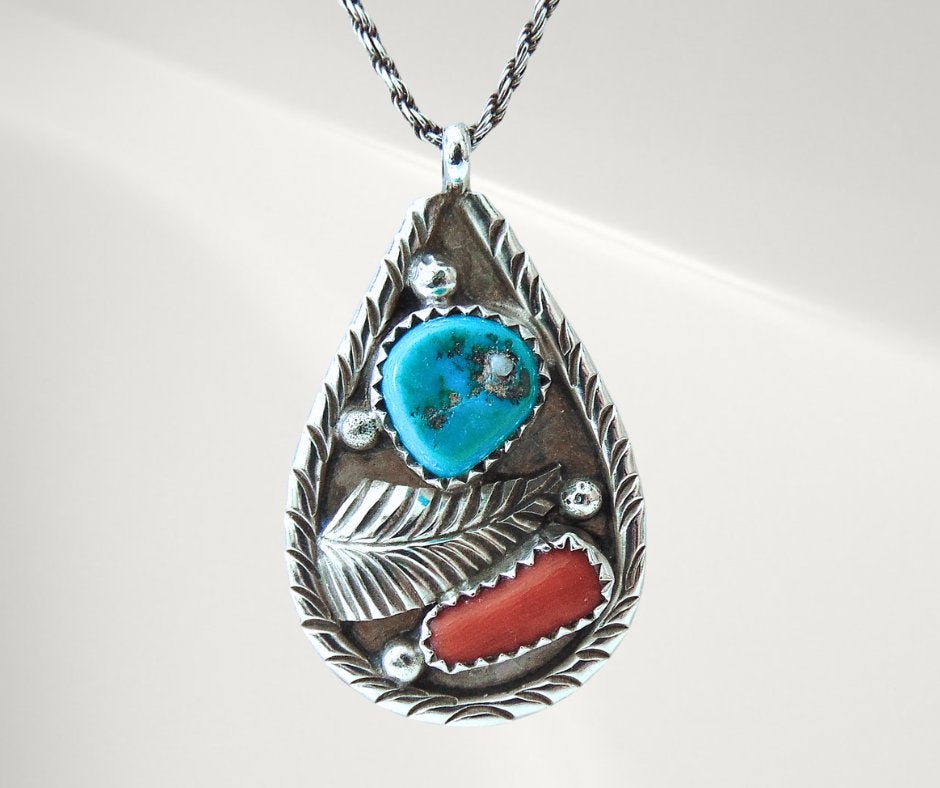 Prachtige grote zilveren NAVAJO turquoise koraal hanger!, Verzenden, Zo goed als nieuw, X, Met edelsteen