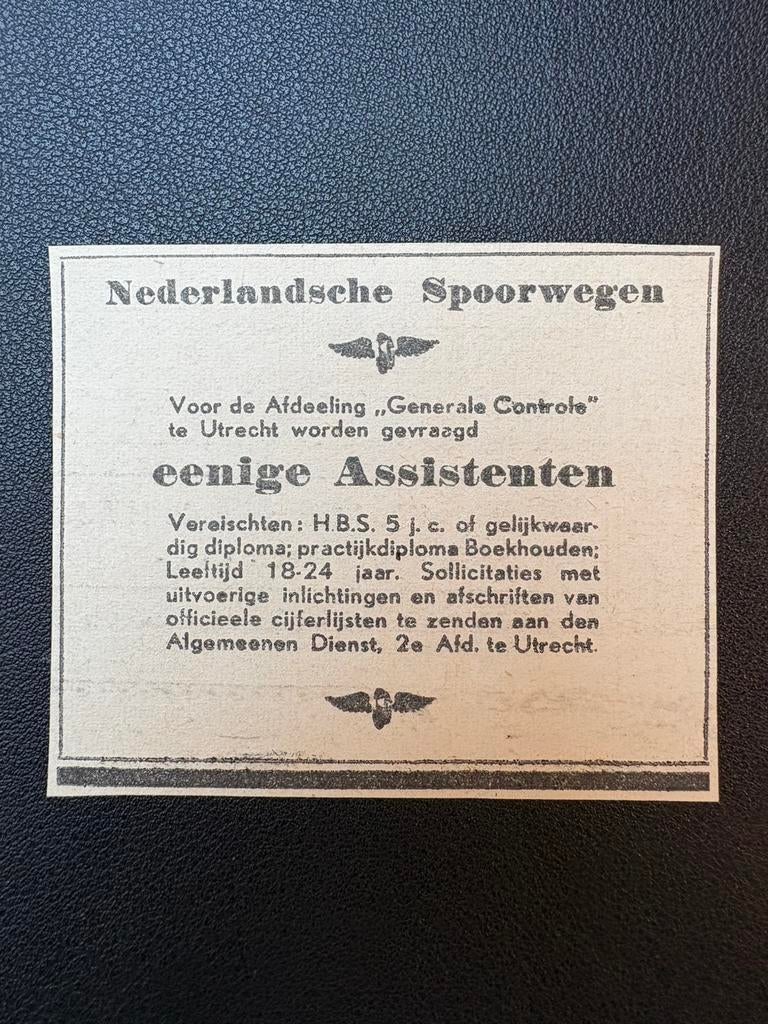 Oude vacature NS ‘Eenige assistenten’ (1946), Verzamelen, Ophalen of Verzenden, Gebruikt, Trein