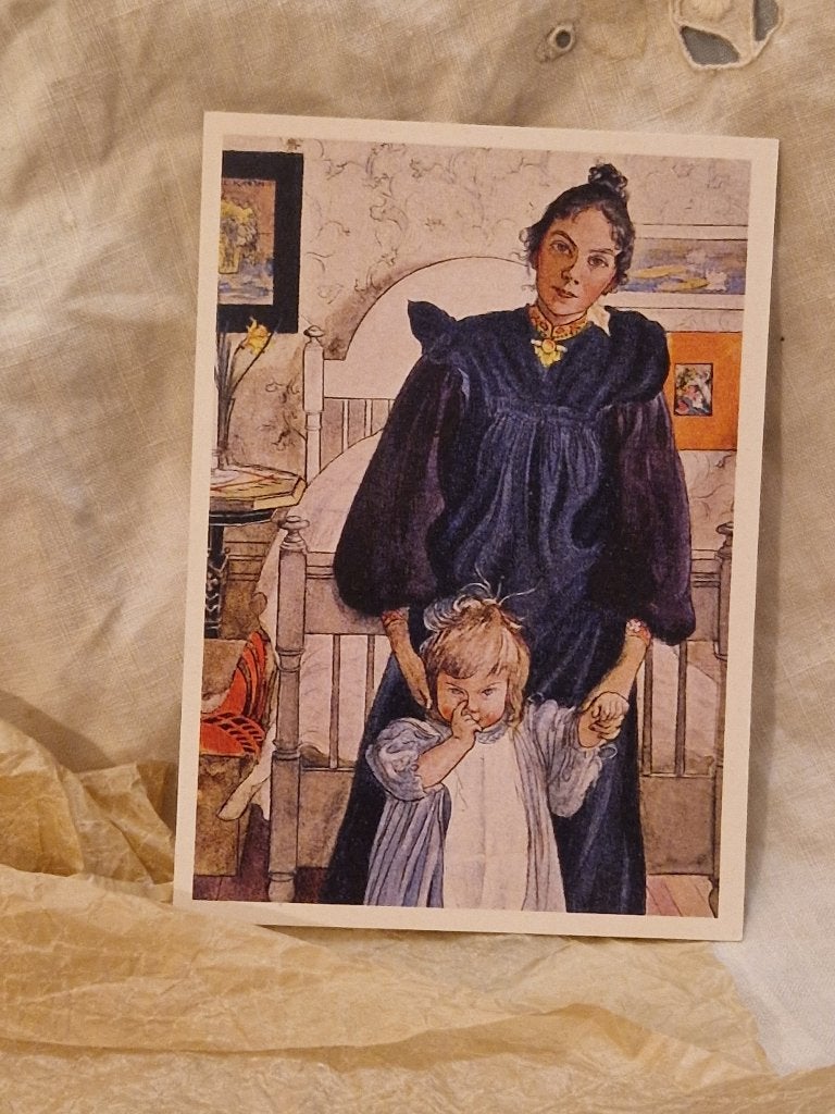 Ansichtkaart. "Moeder/blauwe jurk- dochtertje/slaapkamer"., Verzenden, Nieuw, Papier/karton