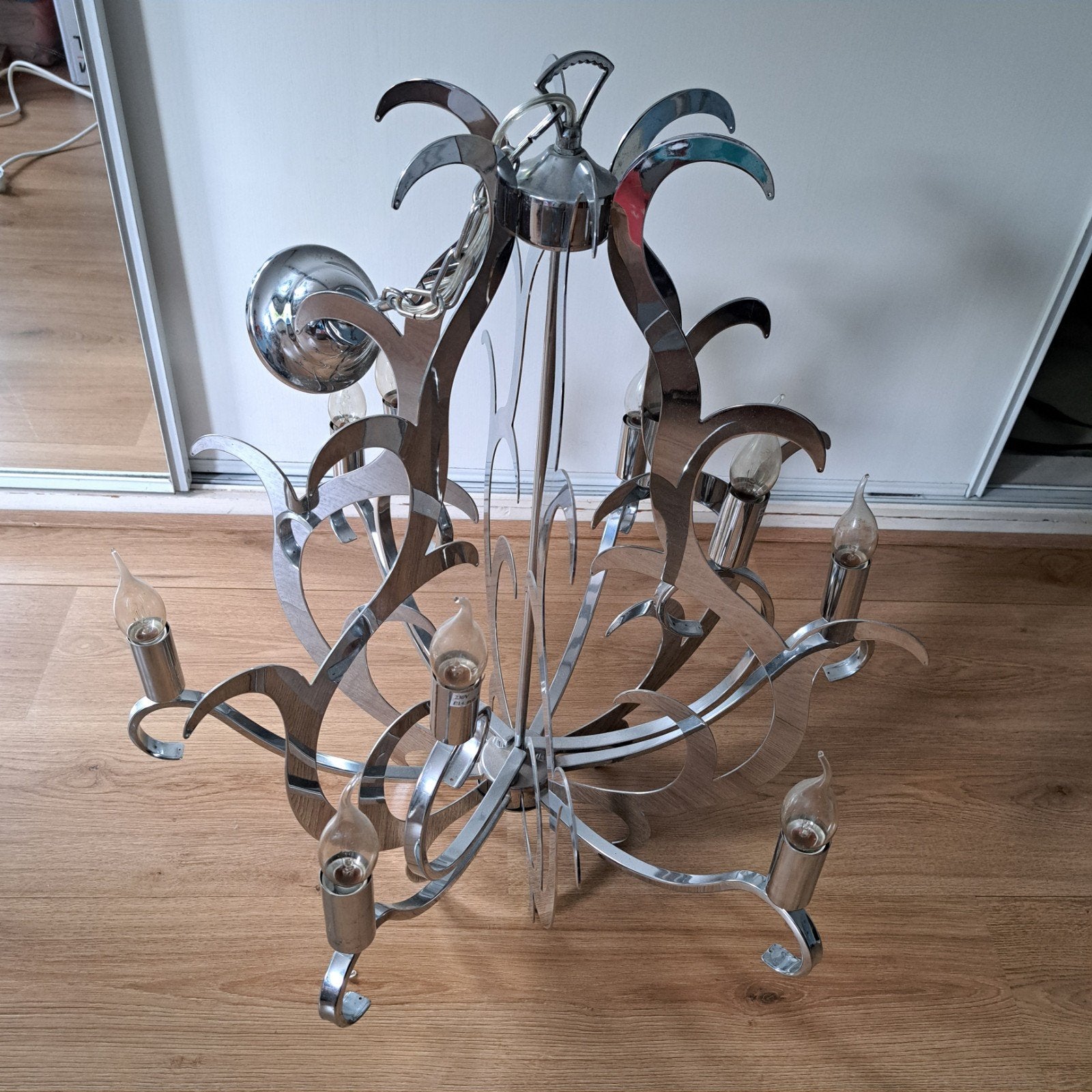 Vintage Chrome Kroonluchter met 6 Lichtpunten, Ophalen, Gebruikt, E14 (klein), Vintage, Modern, Chroom