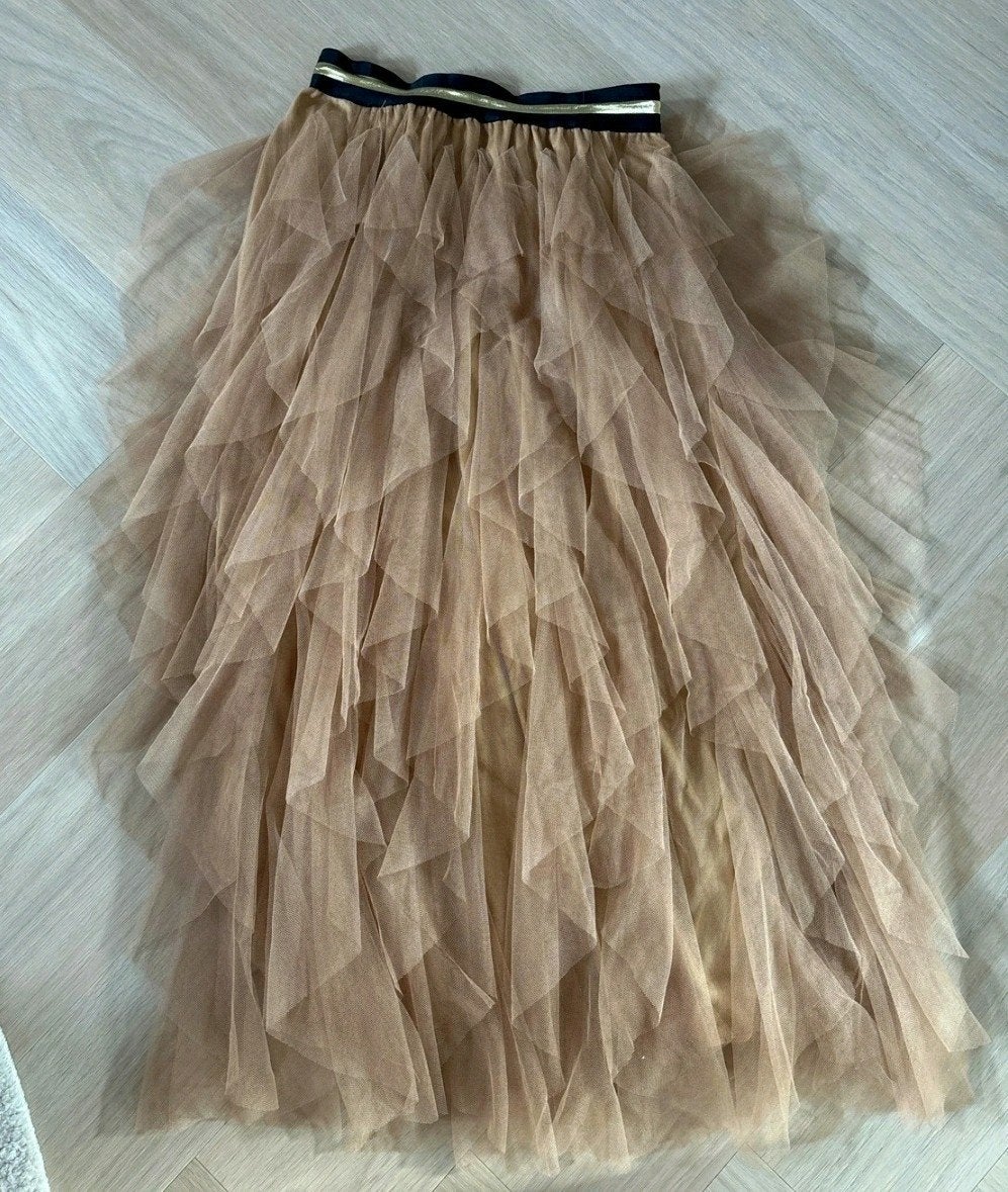 Elegante Tule Rok - Beige met Gelaagde Ruches, Kleding | Dames, Rokken, Maat 38/40 (M), Beige, Ophalen of Verzenden, Onder de knie