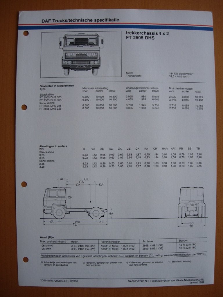 DAF FT 2500 DHS Technische Specificatie Brochure 1984 – 4x2, Ophalen of Verzenden, Zo goed als nieuw, Overige merken, DAF