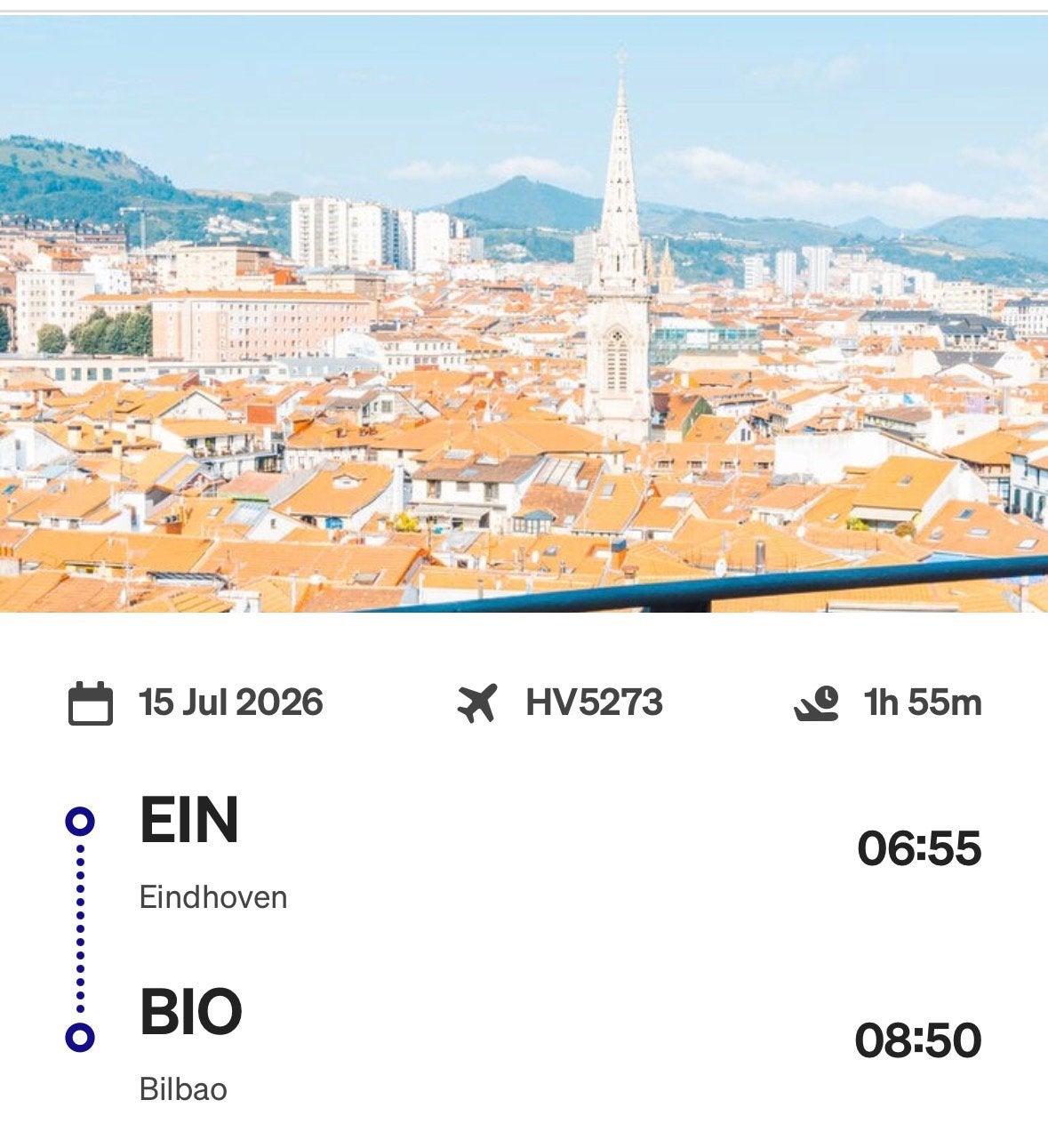 Enkele vliegticket van Eindhoven naar Bilbao op 15 juli 2026, Tickets en Kaartjes, Eén persoon, Vliegtuig, Met bestemming of datum