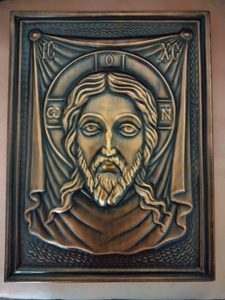 Vintage Russische metalen koperkleurig icoon van Jezus, Ophalen of Verzenden, Gebruikt, Beeld(je), Christendom | Katholiek