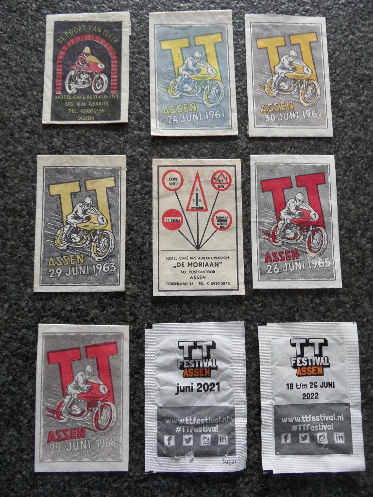 TT Assen motorwegrace suikerzakjes 9 x, Verzamelen, Verzenden, Nederland