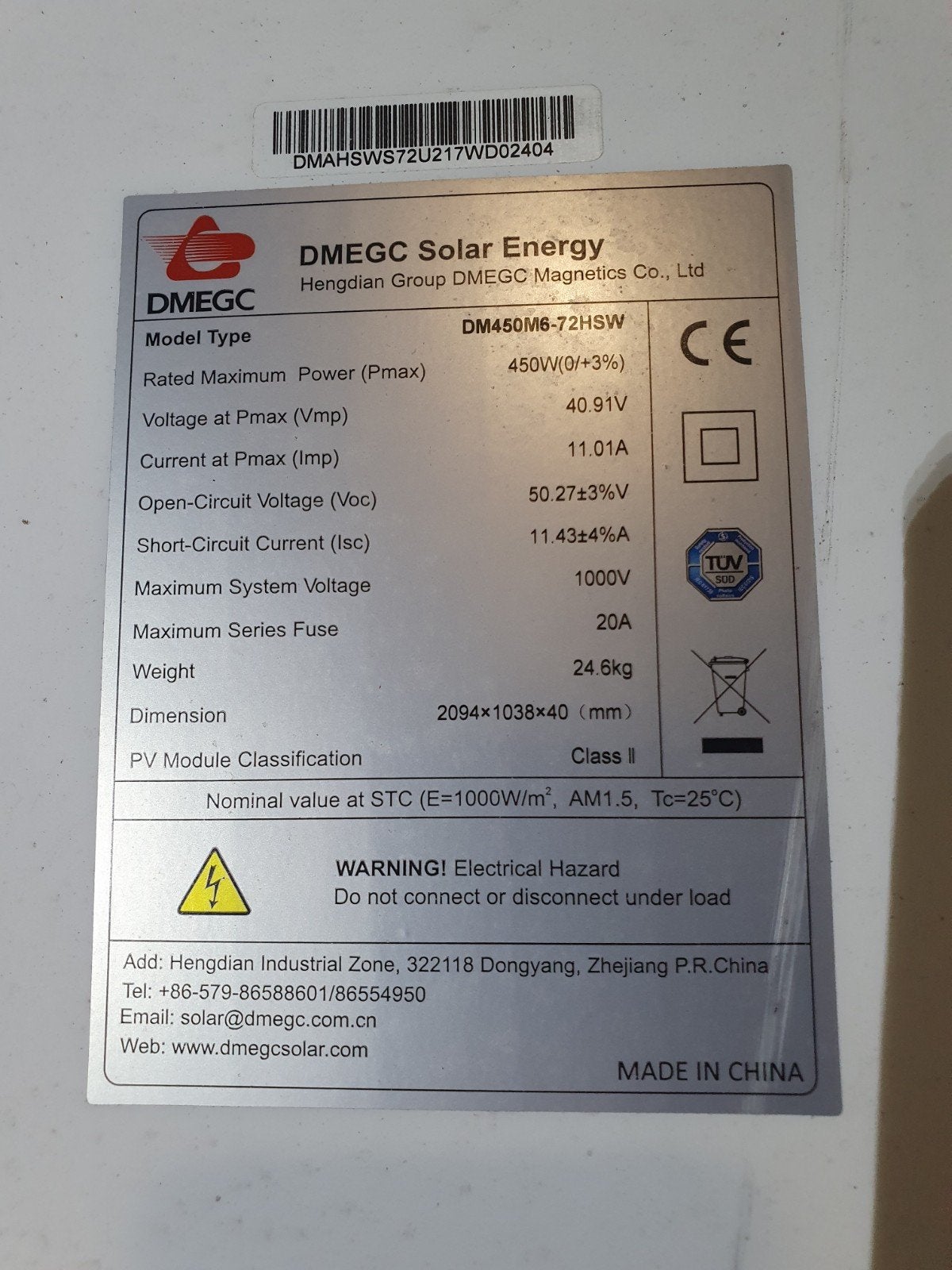 DMEGC Zonnepanelen DM450M6-72HSW - 450Wp, Ophalen, Gebruikt, Paneel, 200 wattpiek of meer