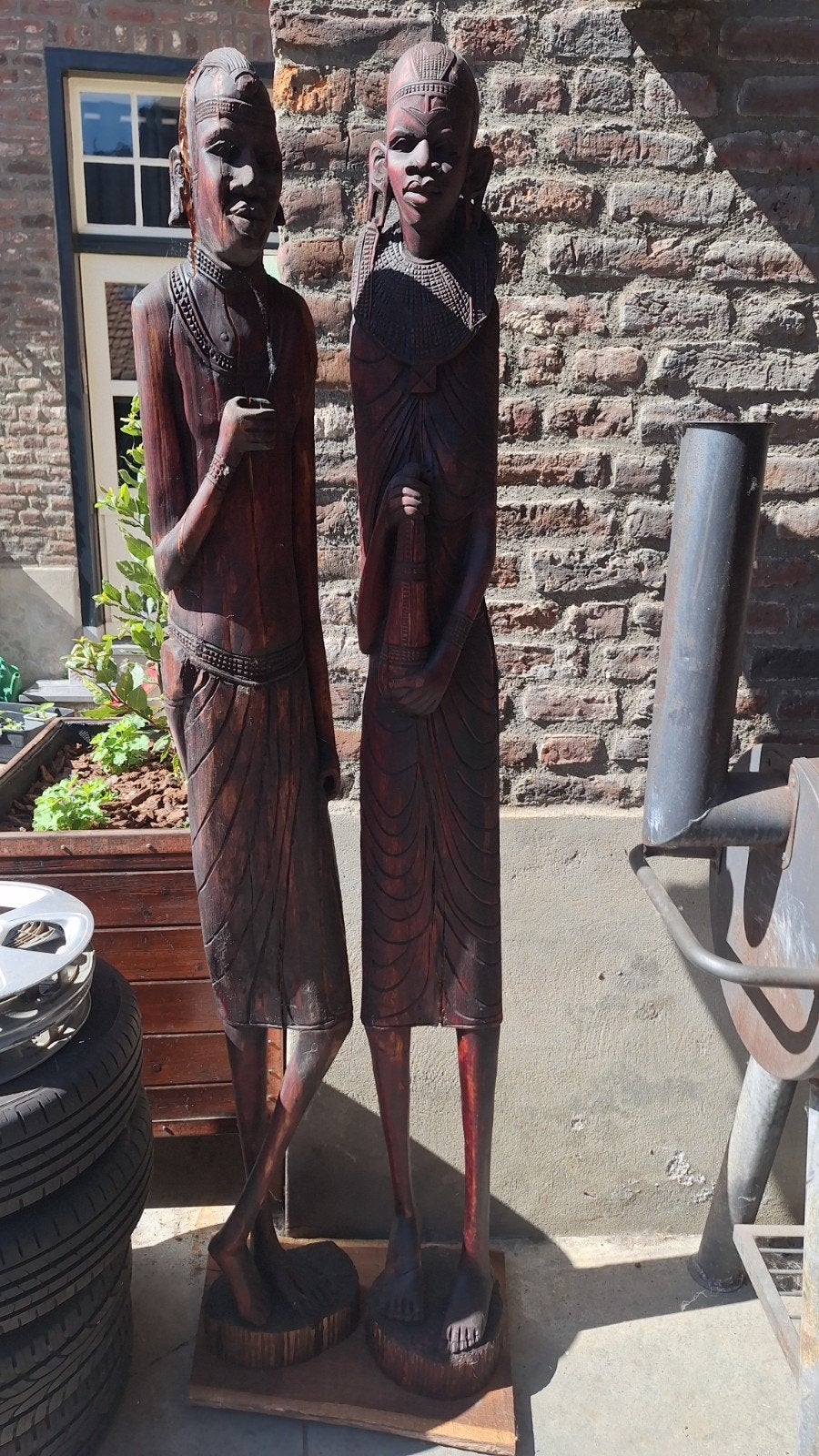 Afrikaans Houtsnijwerk: Massai Man en Vrouw uit Kenia, Ophalen, Houtsnijwerk, Handgemaakt, 1 meter - 2 meter