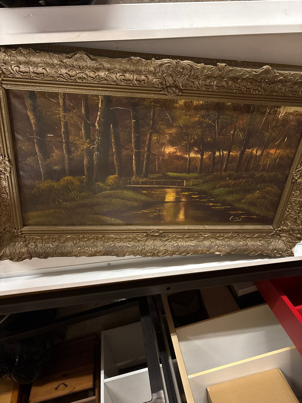 Sfeervol Boslandschap Olieverf Schilderij met Gouden Lijst, Antiek en Kunst, Ophalen, Doek, Bijzondere lijst, Landschap