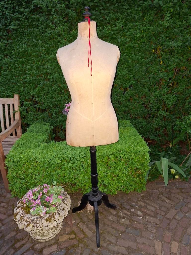 Antieke paspop oude mannequin linnen buste driepoot hout, Ophalen, Gebruikt, Paspop