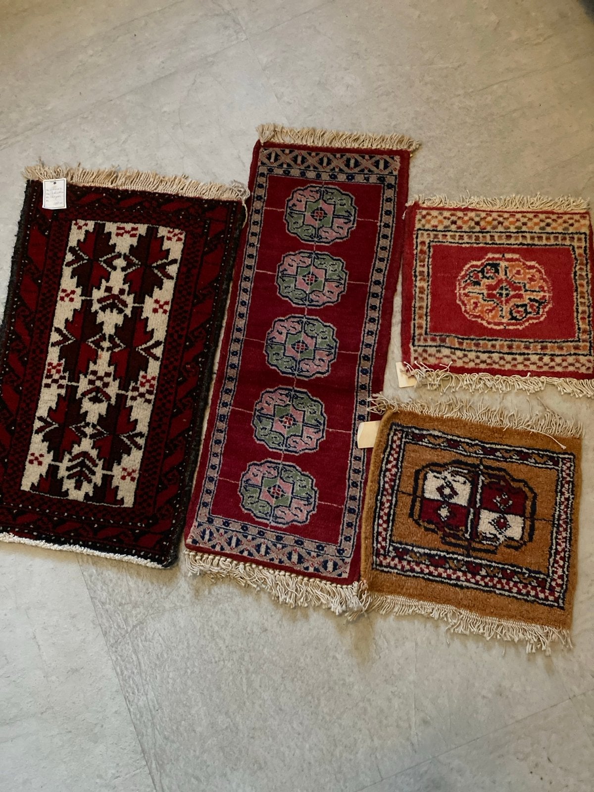 Set van 4 handgeknoopte Perzische tapijten, diverse kleuren, Minder dan 50 cm, Ophalen of Verzenden, Zo goed als nieuw, Rechthoekig