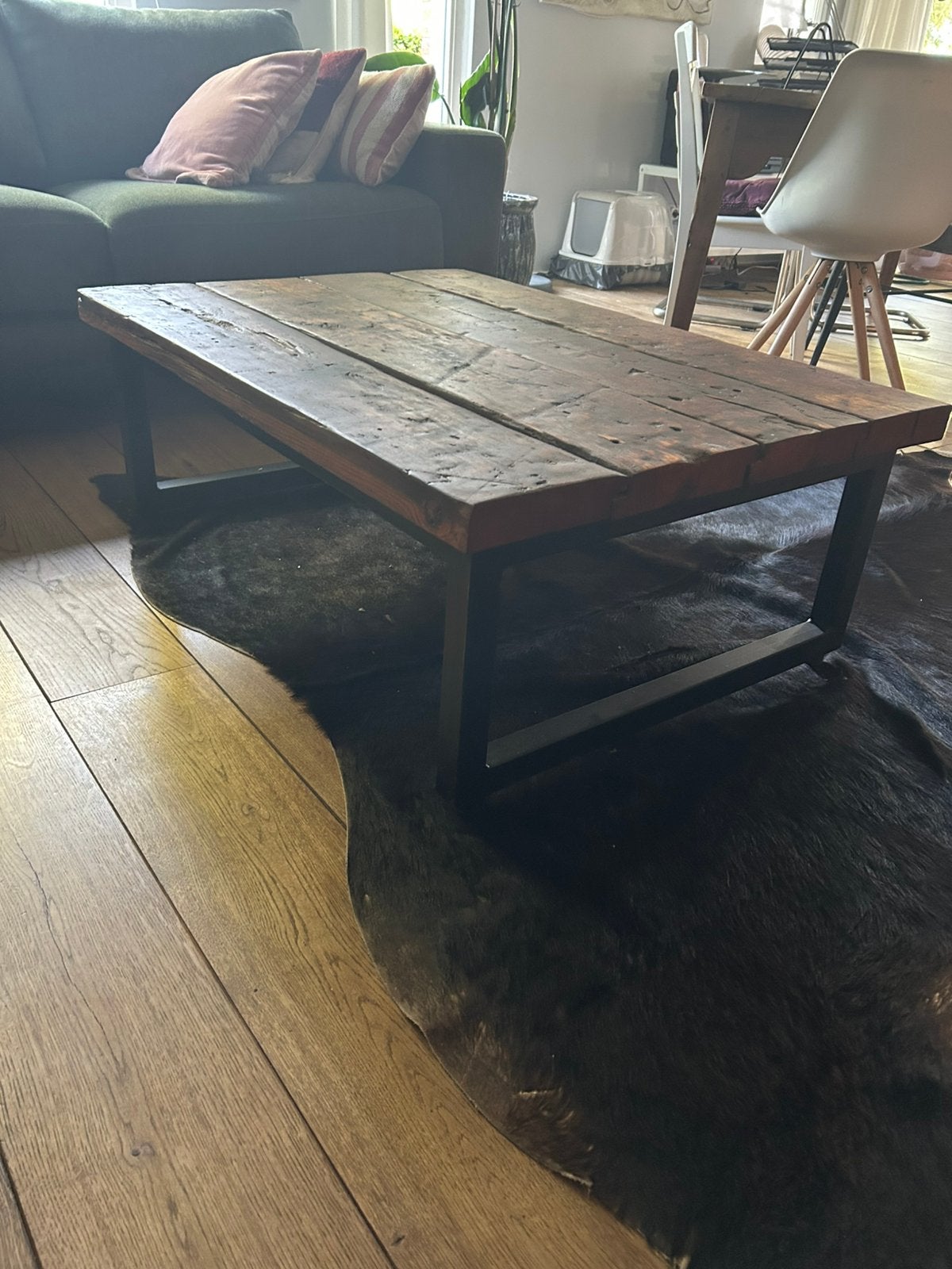 Mooie salontafel van wagondelen, Ophalen, 100 tot 150 cm, 50 tot 100 cm, Zo goed als nieuw