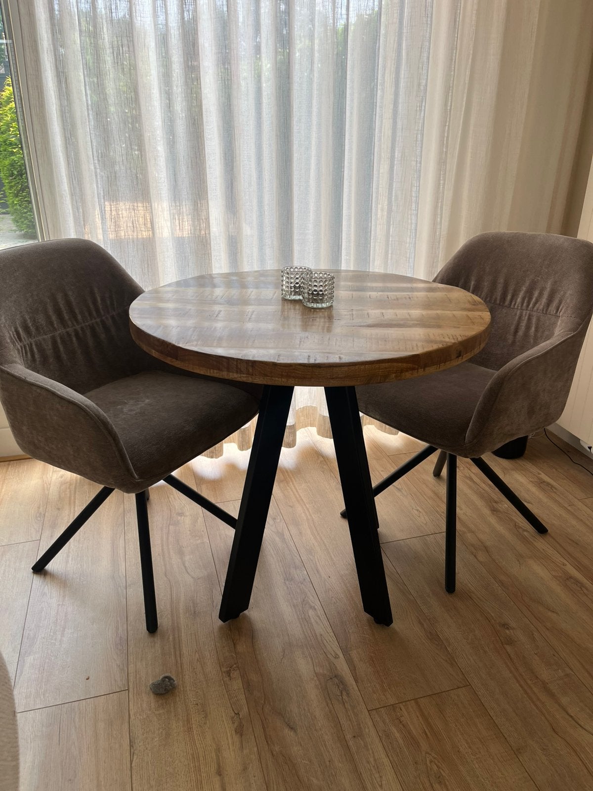 Tafel en stoelen set - tafel 80 cm massief mangohout, Ophalen, Zo goed als nieuw, Rechthoekig, 50 tot 100 cm