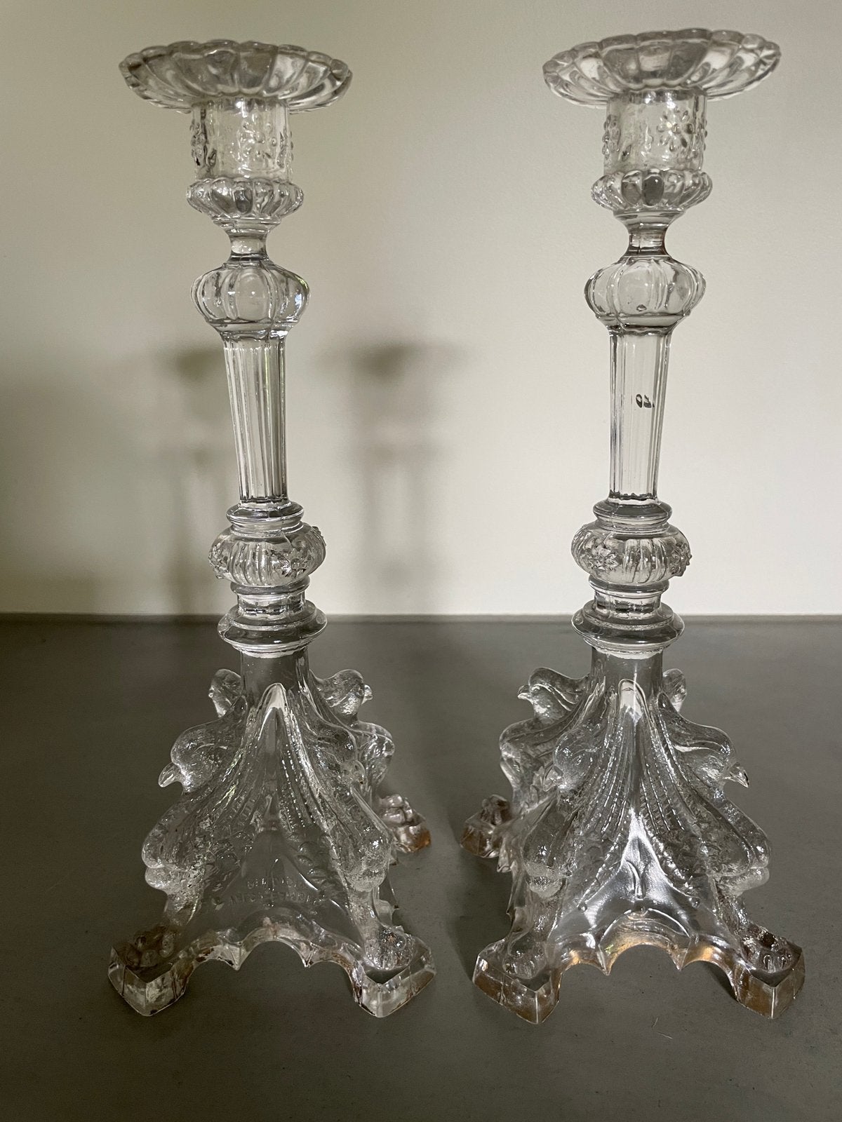 Stel glazen kandelaars Val St Lambert, Antiek en Kunst, Antiek | Glas en Kristal, Ophalen of Verzenden