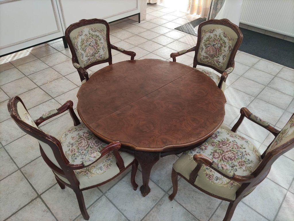 salontafel in wortelnoot + 4 gobelin fauteuils, Ophalen, 50 – 75, Gebruikt, Lodewijk XV-stijl in wortelnoothout