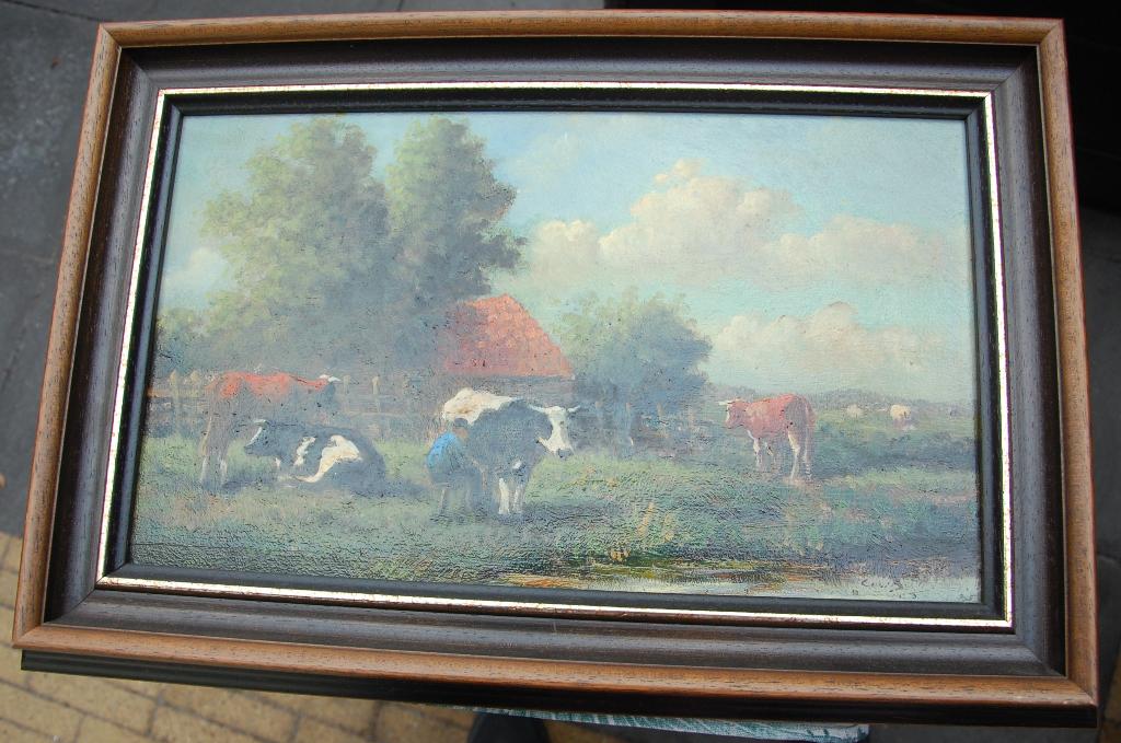 schilderij Cor Bouter - koeien melken, Ophalen of Verzenden