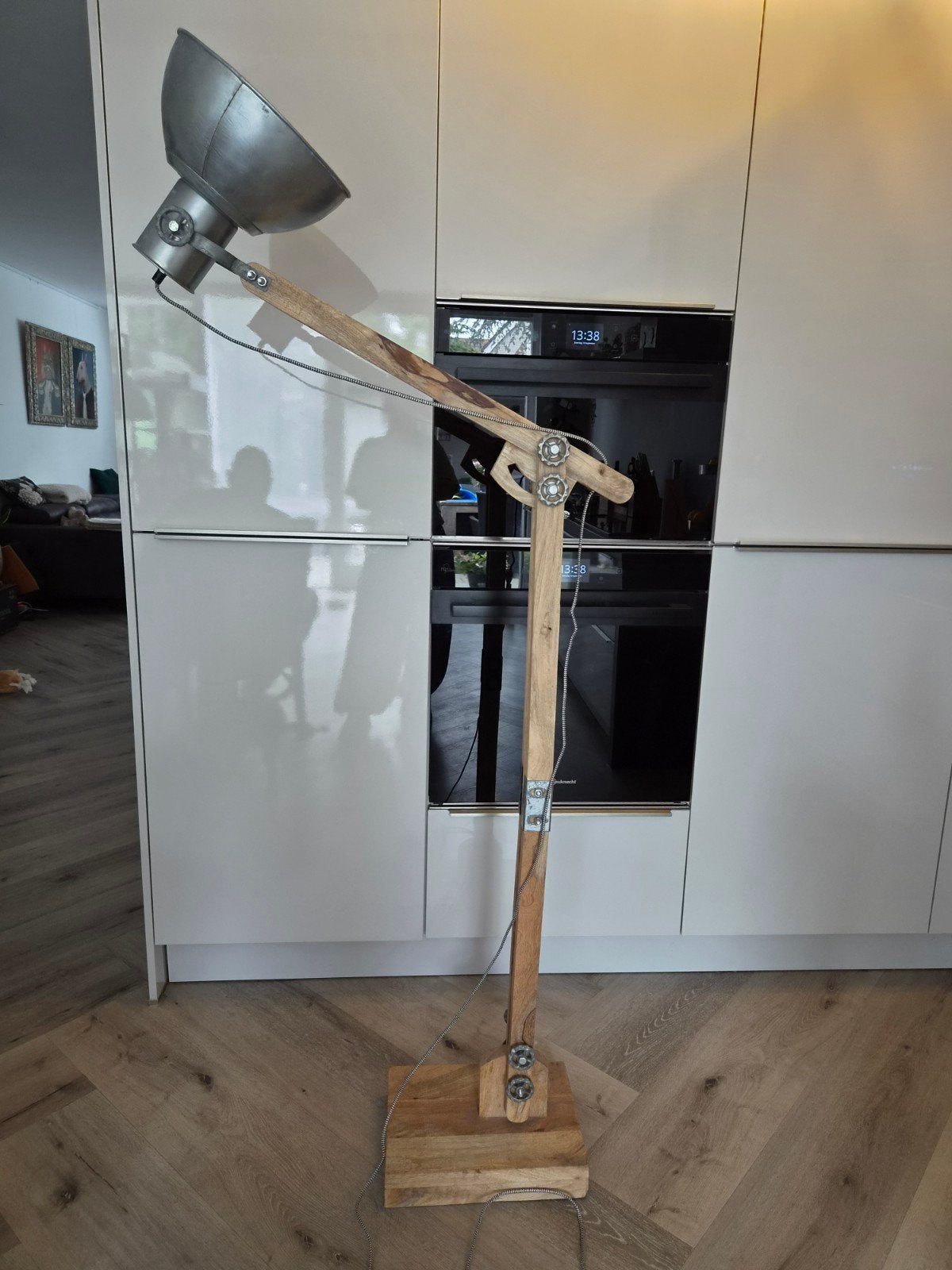 Industriële Vloerlamp Hout en Metaal - Verstelbaar, Ophalen, Gebruikt, Industrieel, Modern, E27 (groot)