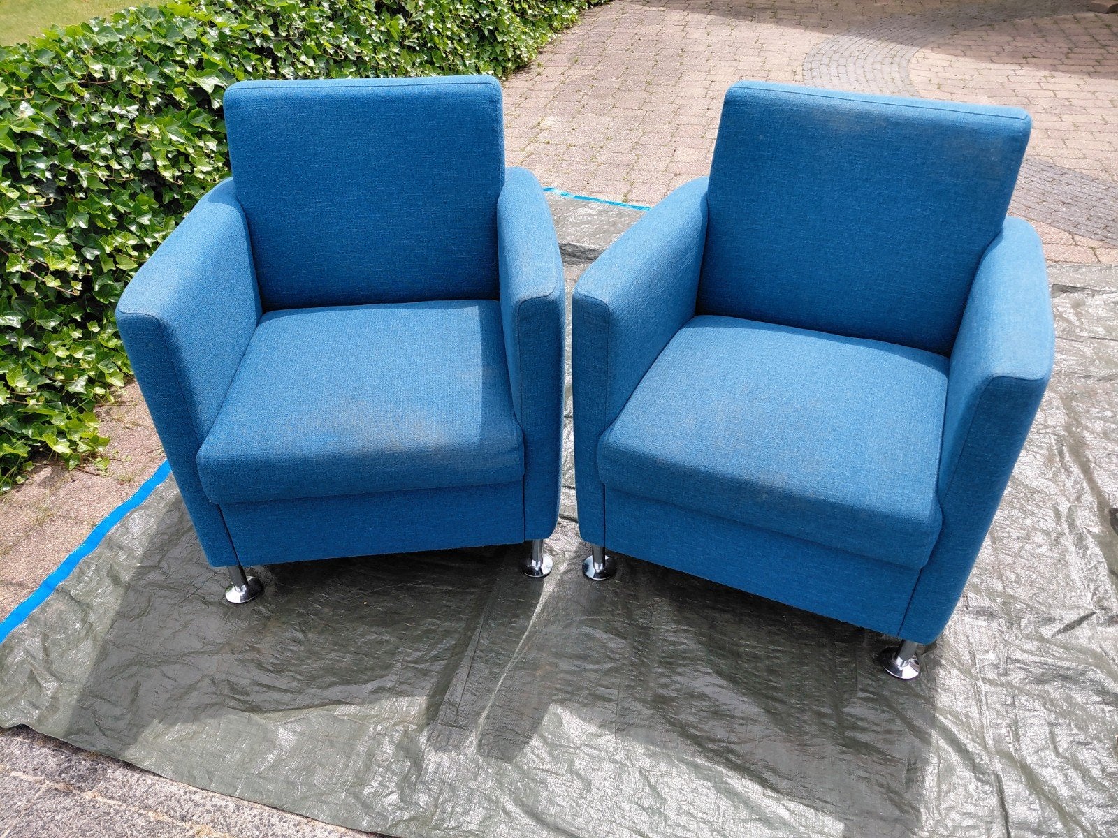 2 mooie blauwe fauteuils., Huis en Inrichting, Fauteuils, Ophalen, 75 tot 100 cm, Zo goed als nieuw, Stof