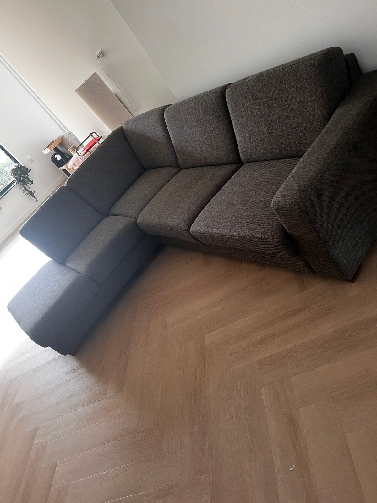 Mooie stevige bruingrijze hoekbank, Ophalen, Gebruikt