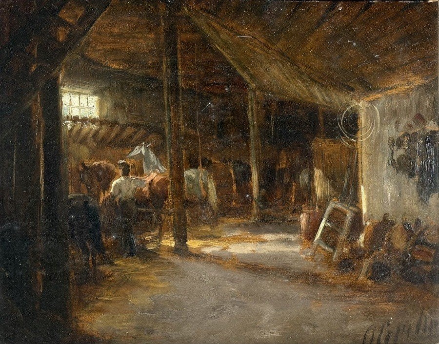 858. Olieverfschilderij – paardenstalinterieur, 19e eeuw, Antiek en Kunst, Ophalen of Verzenden, Olieverf